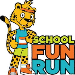 A cheerful cartoon mascot announces the School Colour Fun Run, scheduled for 10 September 2025. Year 6 students will host this colorful event to raise funds for their end-of-year celebrations, encouraging everyone to run, laugh, and get covered in colour.