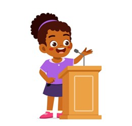 An illustration shows a student confidently speaking at a podium, representing the Public Speaking Finals on 27 August 2025, where students from each stage present speeches to the school and parents are invited to attend.